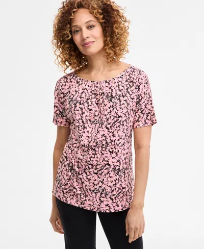Jm Collection Women's Printed Pleat Neck Short-sleeve Top, Exclusively At Macy's In Orange