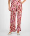 Jm Collection Women's Floral-print Plisse Wide-leg Pants, Created For Macy's In Ruby Slipper