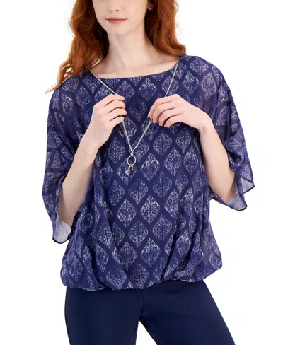 Jm Collection Women's Printed Poncho-sleeve Necklace Top, Created For Macy's In Blueberry Crisp Combo