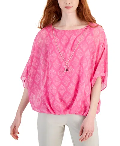 Jm Collection Women's Printed Poncho-sleeve Necklace Top, Created For Macy's In Bright Pink Combo