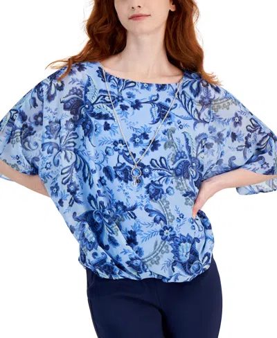 Jm Collection Women's Printed Poncho-sleeve Necklace Top, Created For Macy's In Watery Blue Combo