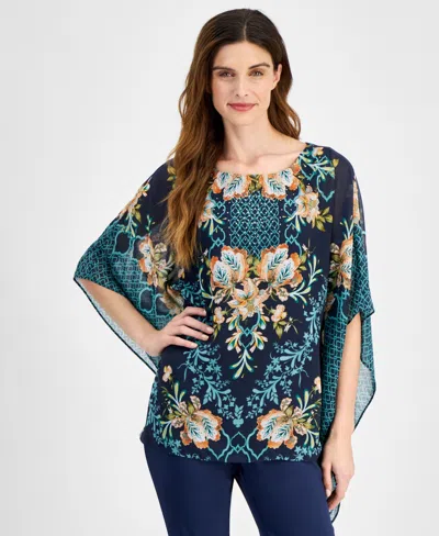 Jm Collection Women's Printed Poncho Top, Created For Macy's In Intrepid Blue Combo