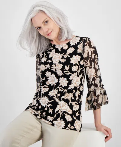 Jm Collection Women's Printed Ruffled-sleeve Top, Created For Macy's In Deep Black Combo