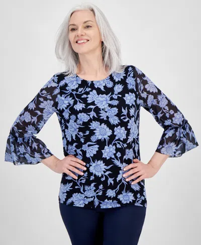 Jm Collection Women's Printed Ruffled-sleeve Top, Created For Macy's In Intrepid Blue Combo