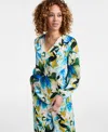 Jm Collection Women's Printed Satin V-neck Long-sleeve Top, Exclusively At Macy's In Beige Creme