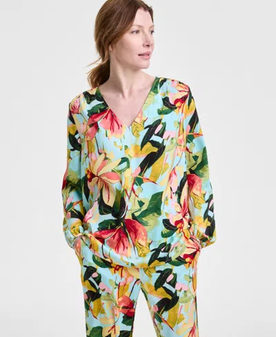 JM COLLECTION WOMEN'S PRINTED SATIN V-NECK LONG-SLEEVE TOP, EXCLUSIVELY AT MACY'S