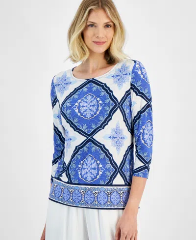 Jm Collection Women's Printed Scoop Neck 3/4-sleeve Top, Created For Macy's In Demure Blue Cb