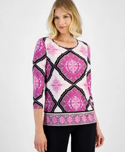 Jm Collection Women's Printed Scoop Neck 3/4-sleeve Top, Created For Macy's In Rich Amethst Cb