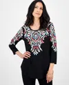 Jm Collection Plus Size Printed Scoop-neck 3/4-sleeve Top, Exclusively At Macy's In Black
