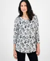 Jm Collection Women's Printed Scoop-neck 3/4-sleeve Top, Exclusively At Macy's In Black