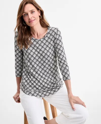 Jm Collection Women's Printed Scoop-neck 3/4-sleeve Top, Exclusively At Macy's In Black