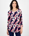 Jm Collection Women's Printed Scoop-neck 3/4-sleeve Top, Exclusively At Macy's In Blue