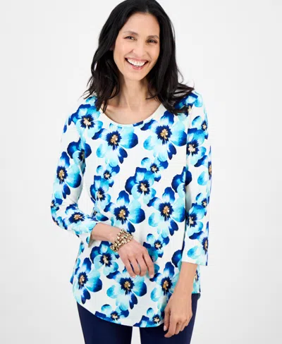 Jm Collection Women's Printed Scoop-neck 3/4-sleeve Top, Exclusively At Macy's In Blue