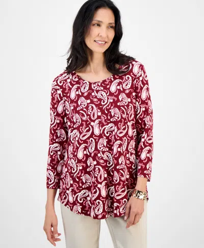 Jm Collection Women's Printed Scoop-neck 3/4-sleeve Top, Exclusively At Macy's In Brown