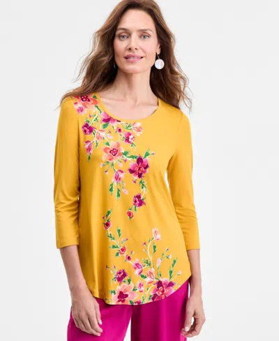 Jm Collection Women's Printed Scoop-neck 3/4-sleeve Top, Exclusively At Macy's In Multi