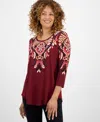 Jm Collection Women's Printed Scoop-neck 3/4-sleeve Top, Exclusively At Macy's In Red