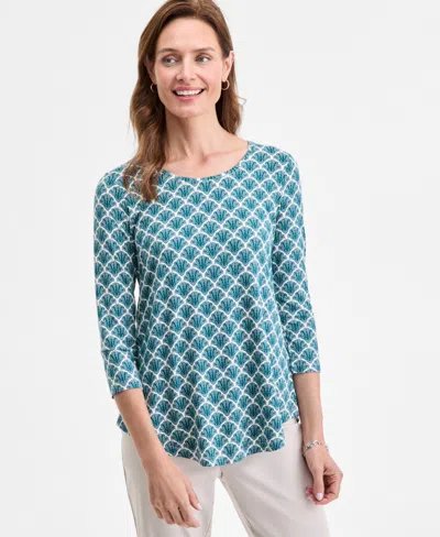 Jm Collection Women's Printed Scoop-neck 3/4-sleeve Top, Exclusively At Macy's In White