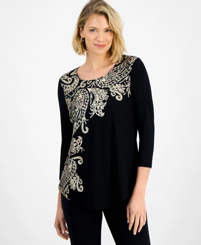 Jm Collection Women's Printed Scoop-neck 3/4-sleeve Top, Macy's Exclusive In Blue