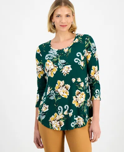 Jm Collection Women's Printed Scoop-neck 3/4-sleeve Top, Macy's Exclusive In Green