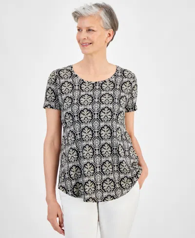 Jm Collection Women's Printed Scoop-neck Short-sleeve Top, Created For Macy's In Deep Black Combo