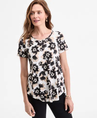 Jm Collection Women's Printed Scoop-neck Short Sleeve Top, Exclusively At Macy's In White