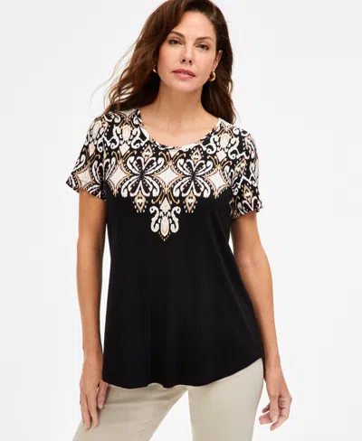 Jm Collection Women's Printed Scoop-neck Short Sleeve Top, Macy's Exclusive In Black