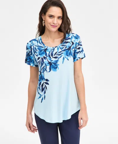 Jm Collection Women's Printed Scoop-neck Short Sleeve Top, Macy's Exclusive In Blue