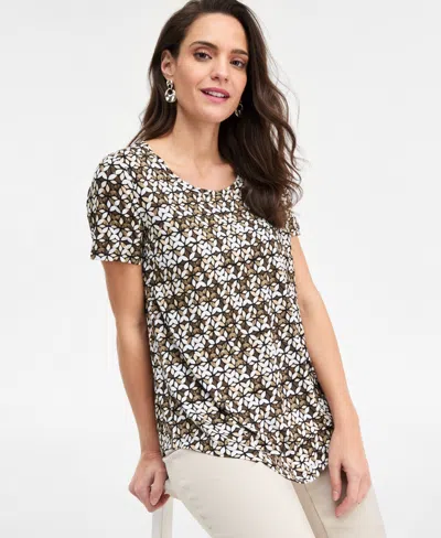 Jm Collection Women's Printed Scoop-neck Short Sleeve Top, Macy's Exclusive In Brown