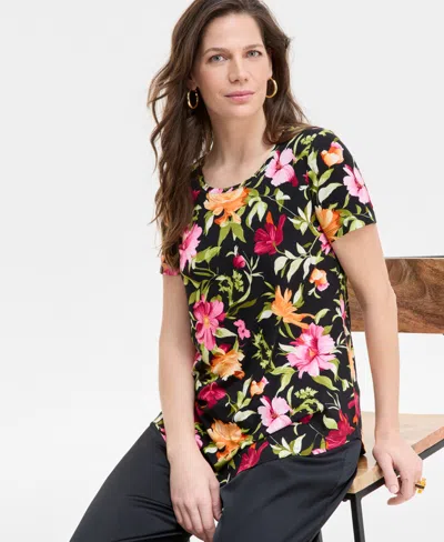 Jm Collection Women's Printed Scoop-neck Top, Exclusively At Macy's In Deep Black Combo