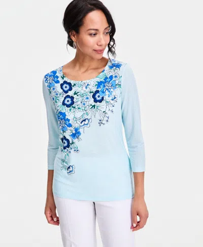 Jm Collection Women's Printed Scoop-neck 3/4-sleeve Top, Macy's Exclusive In Blue