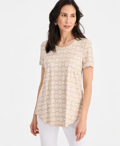 Jm Collection Women's Printed Scoop-neck Short Sleeve Top, Macy's Exclusive In Neutral