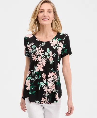 Jm Collection Women's Printed Scoop-neck Short Sleeve Top, Macy's Exclusive In Black