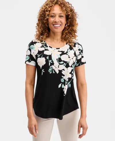 Jm Collection Womens Printed Scoop Neck Short Sleeve Top Macys Exclusive In Black