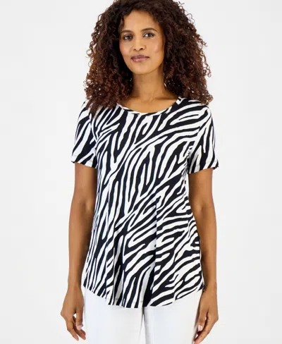 Jm Collection Women's Printed Scoop-neck Short Sleeve Top, Macy's Exclusive In Black