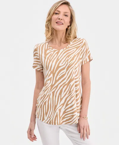 Jm Collection Womens Printed Scoop Neck Short Sleeve Top Macys Exclusive In Brown
