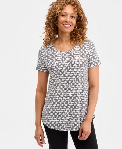 Jm Collection Women's Printed Scoop-neck Short Sleeve Top, Macy's Exclusive In White