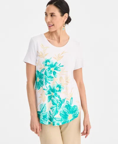 Jm Collection Women's Printed Scoop-neck Short Sleeve Top, Macy's Exclusive In White