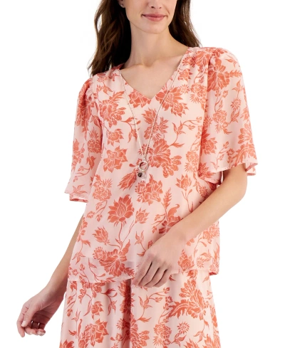 Jm Collection Women's Printed Short Flutter-sleeve Top, Created For Macy's In Rose Tint Combo