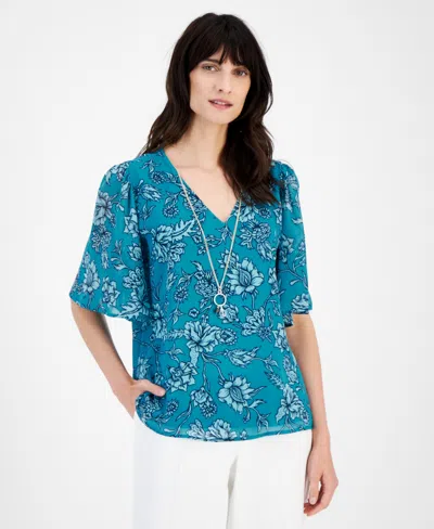 Jm Collection Women's Printed Short Flutter-sleeve Top, Created For Macy's In Seafrost Combo