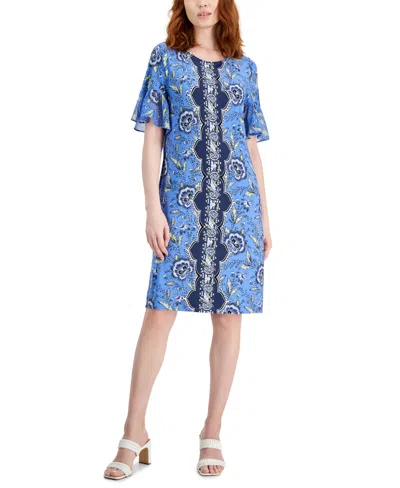 Jm Collection Women's Printed Short Sleeve A-line Dress, Created For Macy's In Watery Blue Combo