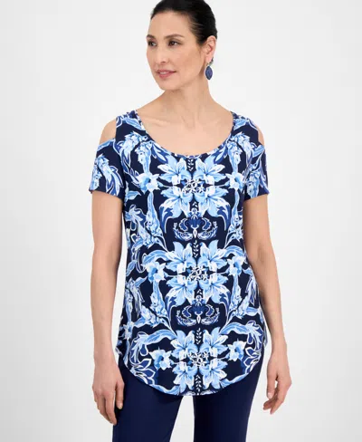Jm Collection Women's Printed Short-sleeve Cold-shoulder Top, Created For Macy's