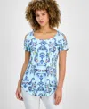 Jm Collection Women's Printed Short-sleeve Cold-shoulder Top, Created For Macy's