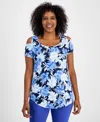 Jm Collection Women's Printed Short-sleeve Cold-shoulder Top, Created For Macy's In Blue