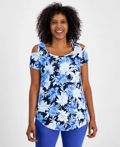 Jm Collection Women's Printed Short-sleeve Cold-shoulder Top, Created For Macy's