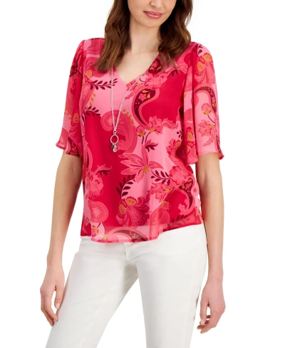 Jm Collection Women's Printed Short Sleeve Necklace Top, Created For Macy's In Claret Rose Combo