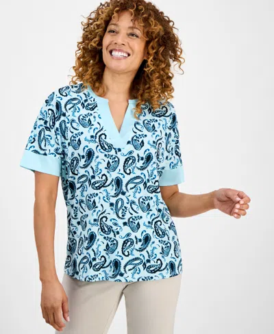 Jm Collection Women's Printed Short-sleeve Satin-trim Top, Exclusively At Macy's In Blue