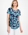 Jm Collection Women's Printed Short Sleeve Scoop-neck Top, Created For Macy's In Blue