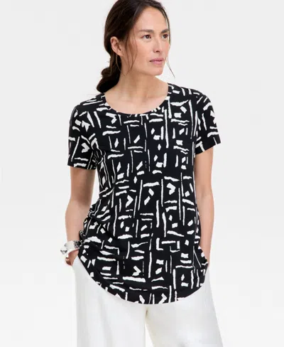 Jm Collection Women's Printed Short Sleeve Scoop-neck Top, Created For Macy's In Deep Black Combo