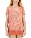 JM COLLECTION WOMEN'S PRINTED SHORT SLEEVE V-NECK TWOFER TOP, CREATED FOR MACY'S