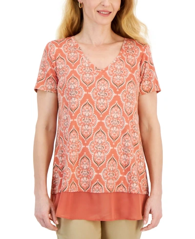 Jm Collection Women's Printed Short Sleeve V-neck Twofer Top, Created For Macy's In Peach Bliss Combo